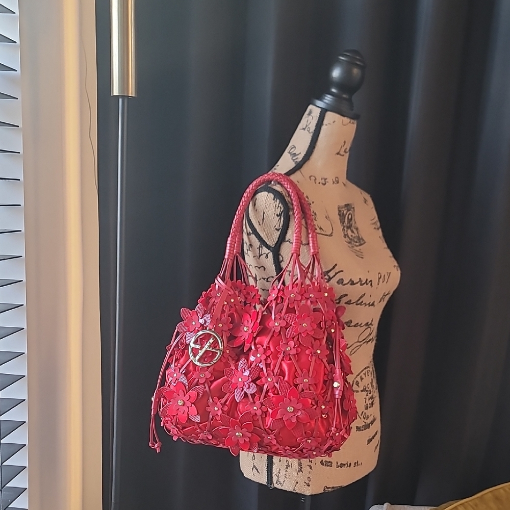Francesco Biasia Red Woven Leather Tote w/ Floral Detail + Removable Satin Pouch